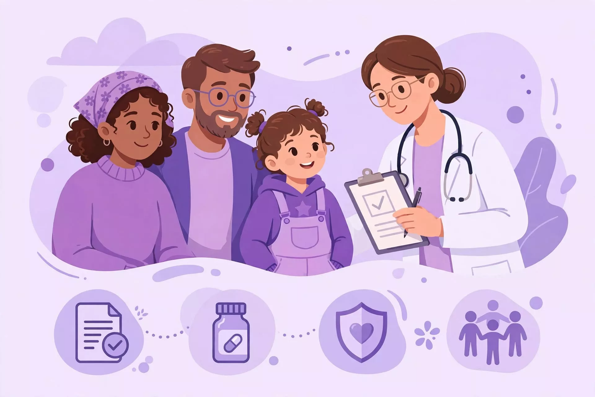 Ilustración de una familia con su hija hablando con una médica sobre la participación en un ensayo clínico